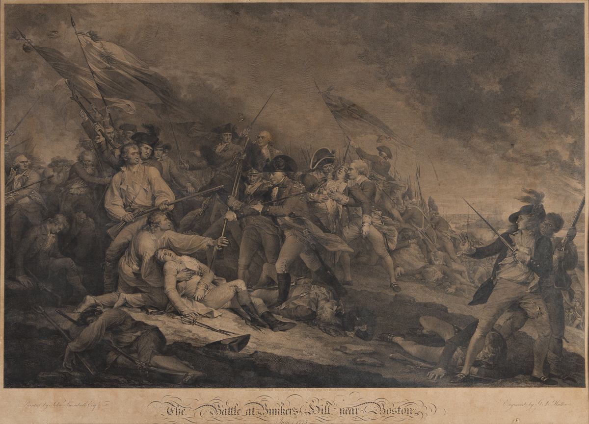 (REVOLUTION.) J.G. Müller, engraver; after John Trumbull. The Battle at Bunkers Hill near Boston.
